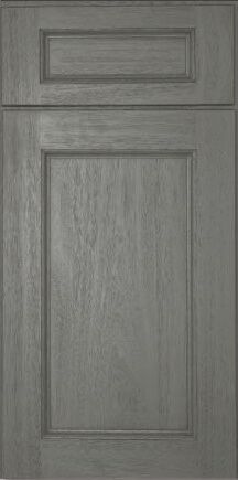 A close up of a gray wooden cabinet door.