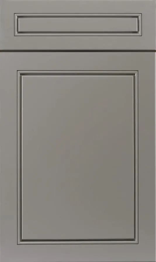 A close up of a gray cabinet door on a white background.