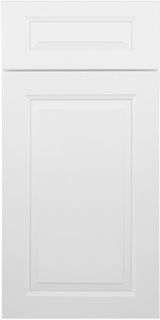 A close up of a white cabinet door on a white background.