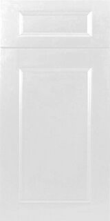 A close up of a white cabinet door on a white background.