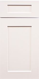 A close up of a white cabinet door on a white background.