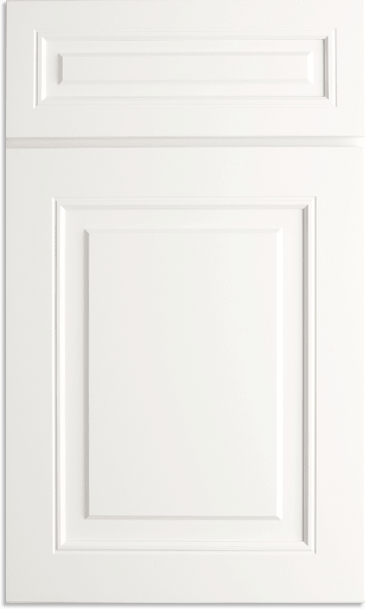 A close up of a white cabinet door on a white background.
