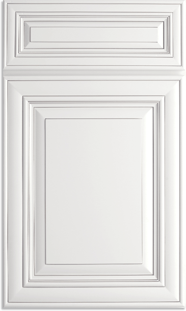 A close up of a white cabinet door on a white background.