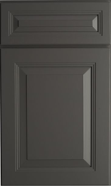 A close up of a gray cabinet door on a white background.