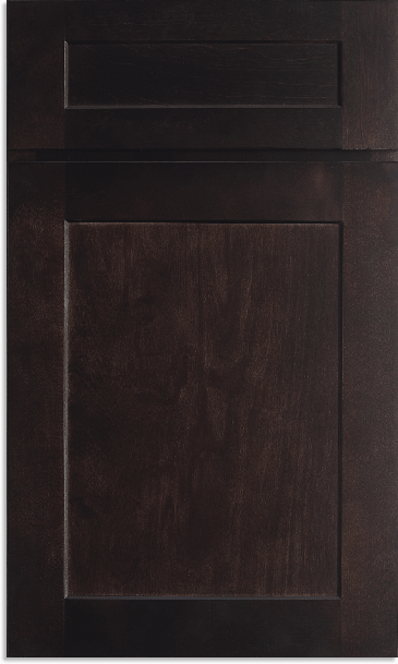 A close up of a dark wooden cabinet door on a white background.