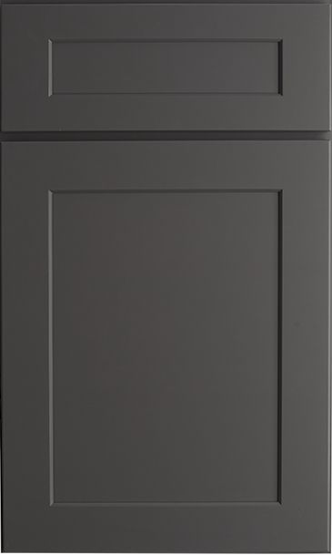 A close up of a gray cabinet door on a white background.