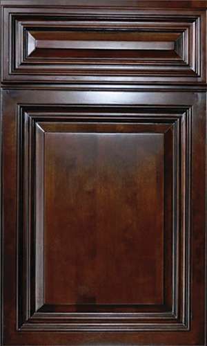 A close up of a dark wooden cabinet door.