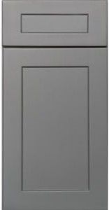 A close up of a gray cabinet door on a white background.