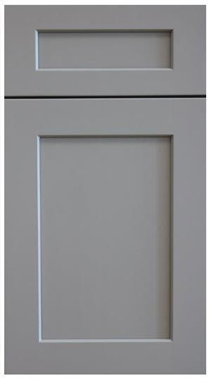 A close up of a gray cabinet door on a white background.