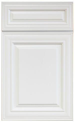 A close up of a white cabinet door on a white background.