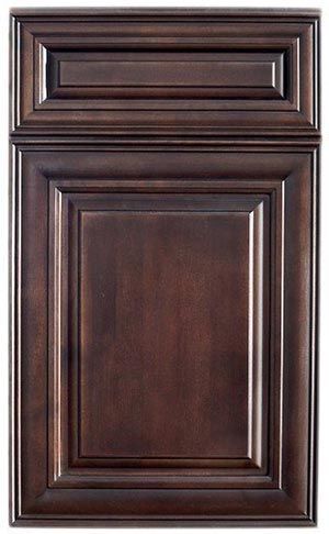 A close up of a wooden cabinet door on a white background.