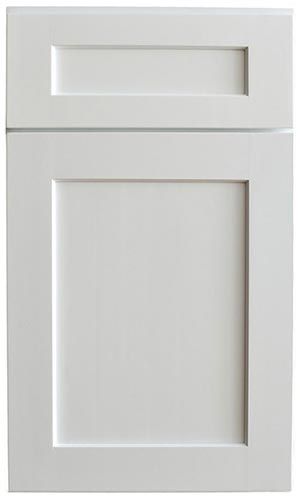 A close up of a white cabinet door on a white background.