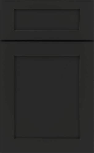 A close up of a black cabinet door on a white background.