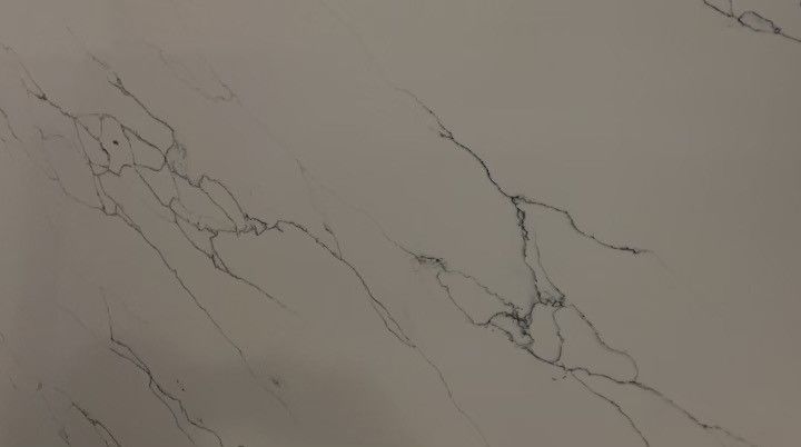 A close up of a white marble counter top with black veins.