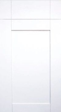 A close up of a white cabinet door on a white background.