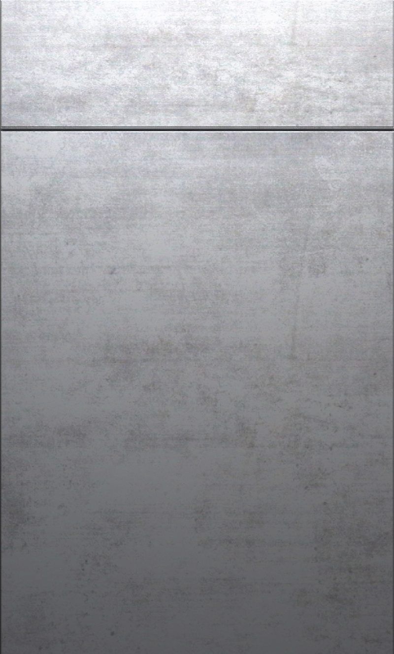 A close up of a stainless steel door with a gray background.