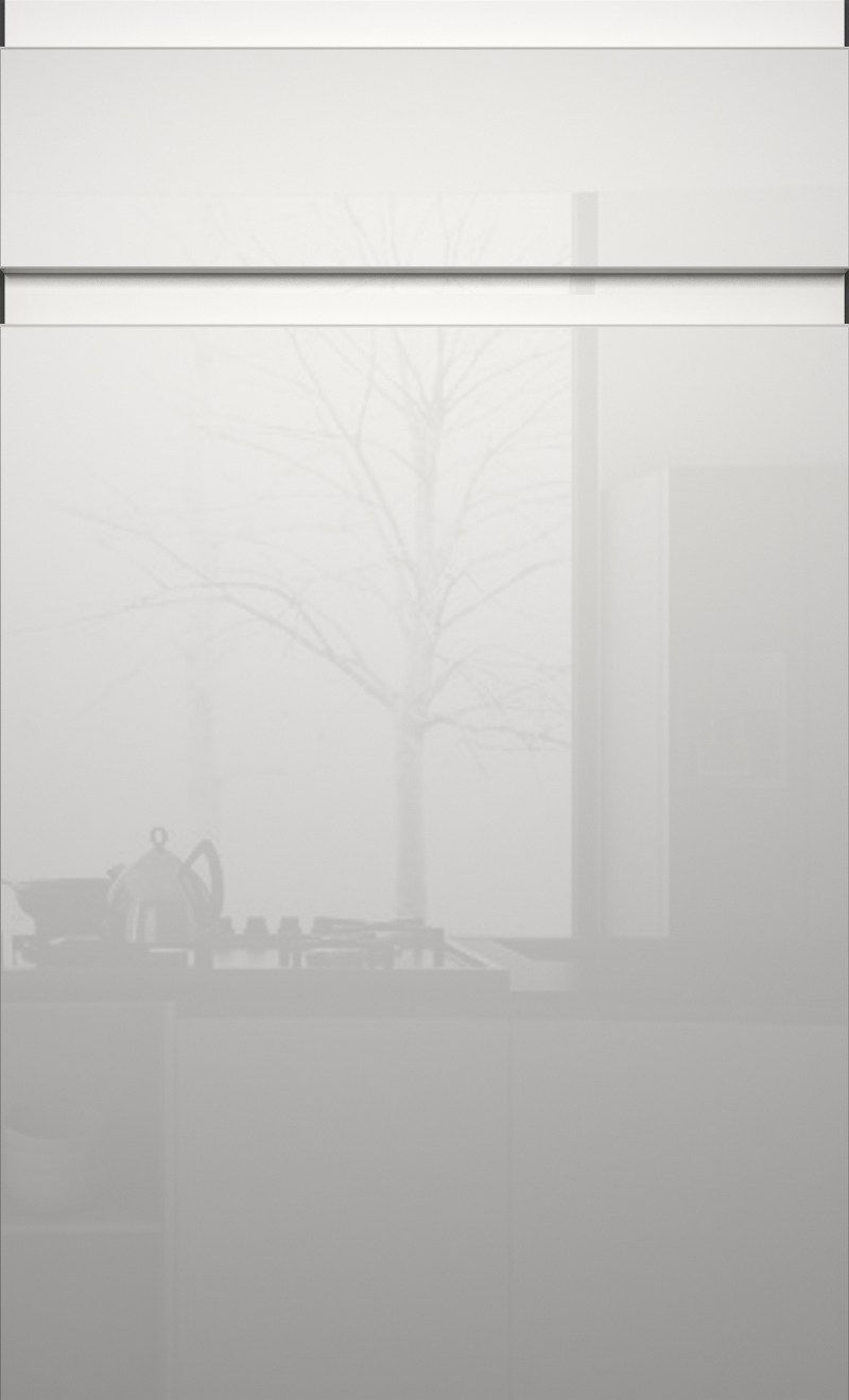 A white cabinet with a reflection of a tree in the fog.