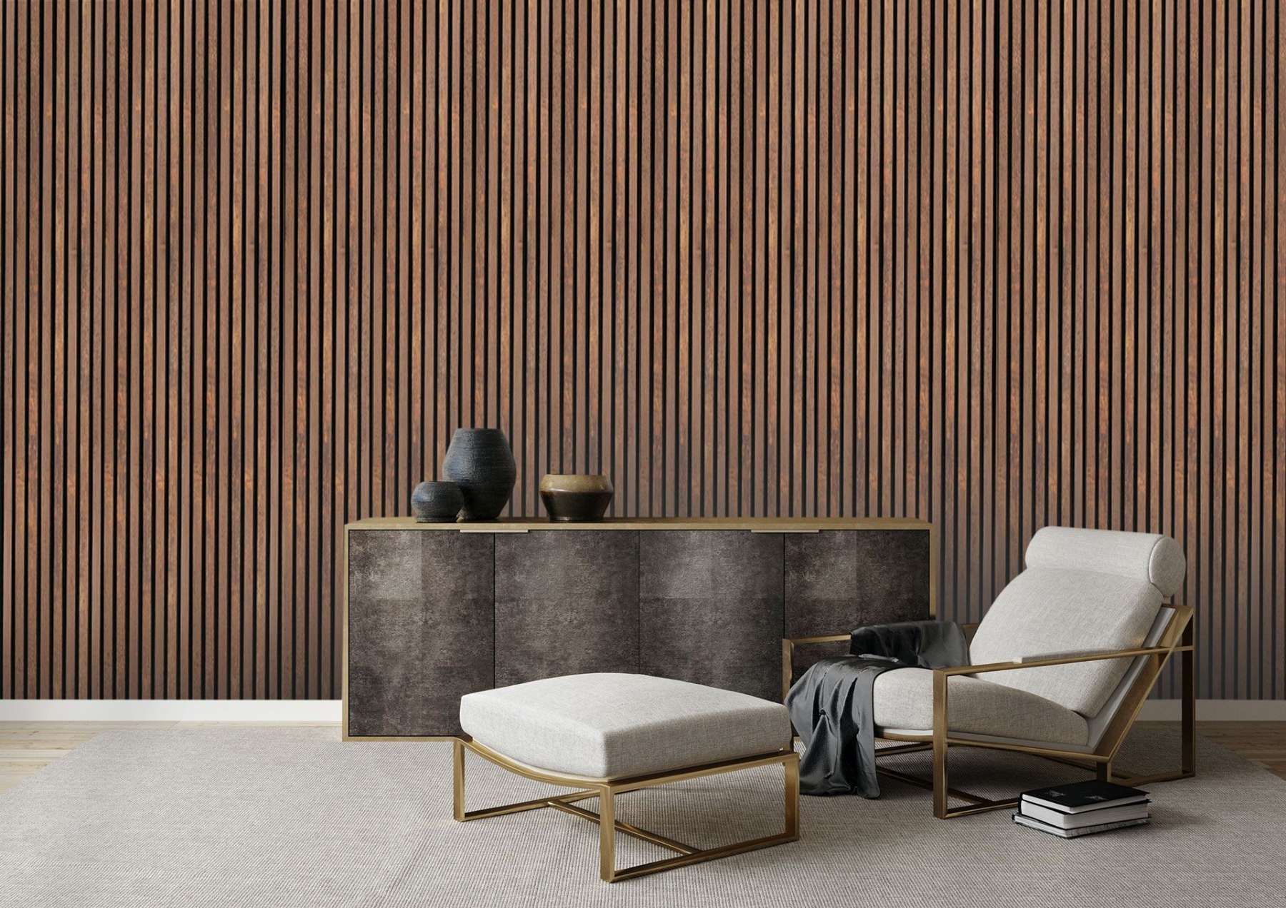 A living room with a chair and ottoman in front of a wooden wall.