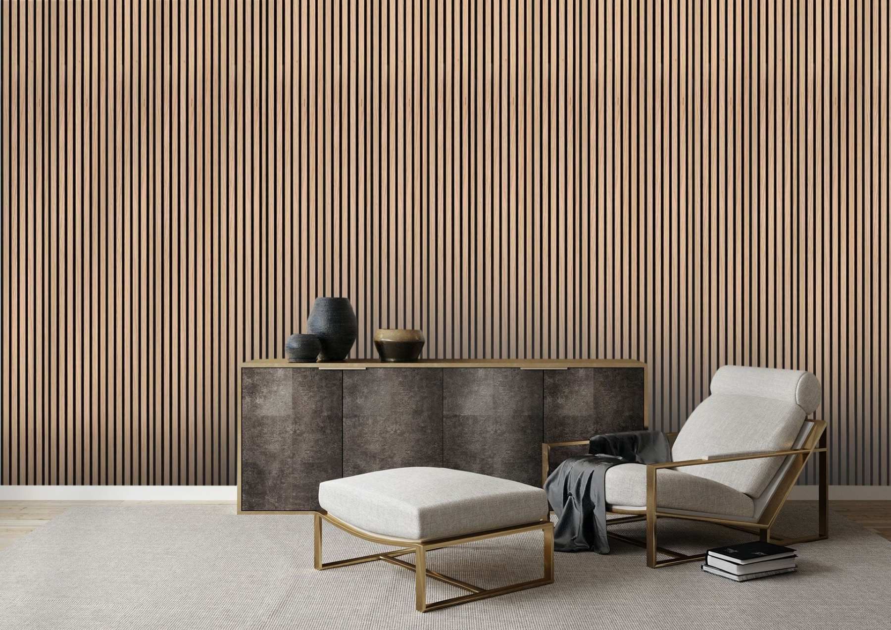 A living room with a chair and ottoman in front of a striped wall.