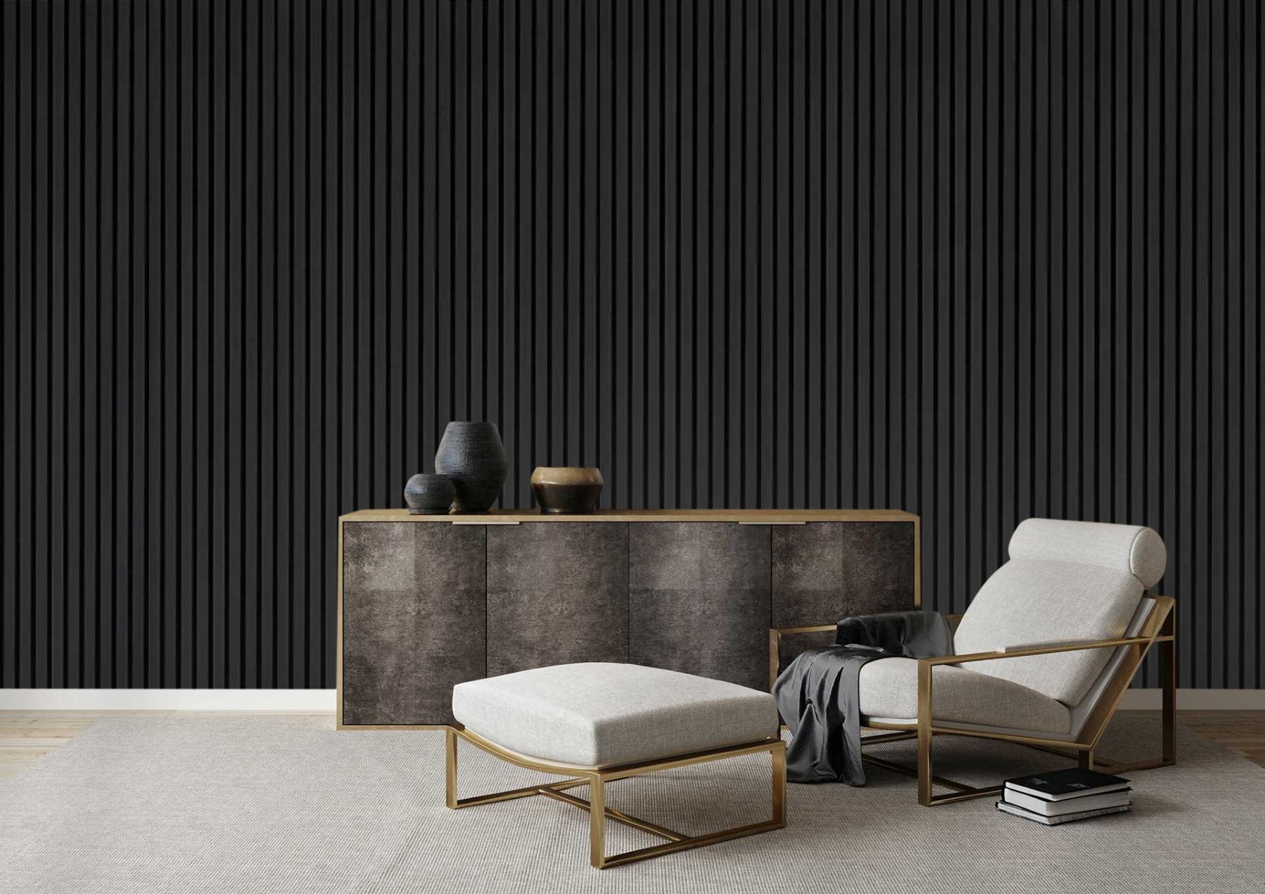 A living room with a chair and ottoman in front of a black wall.