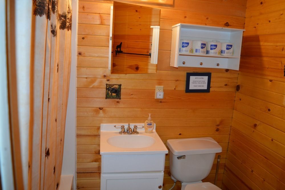 a bathroom with a sink, toilet and mirror