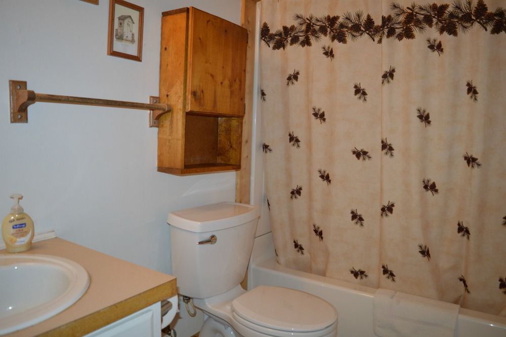 a bathroom with a toilet, sink, and shower curtain