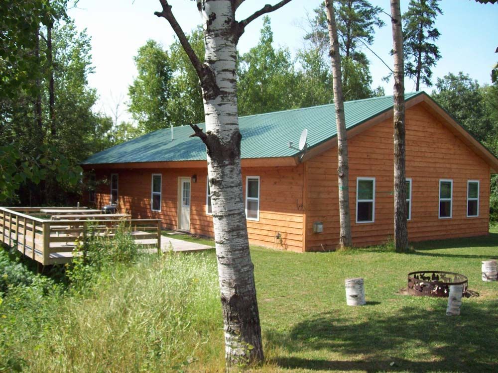 a house with a green roof is surrounded by trees