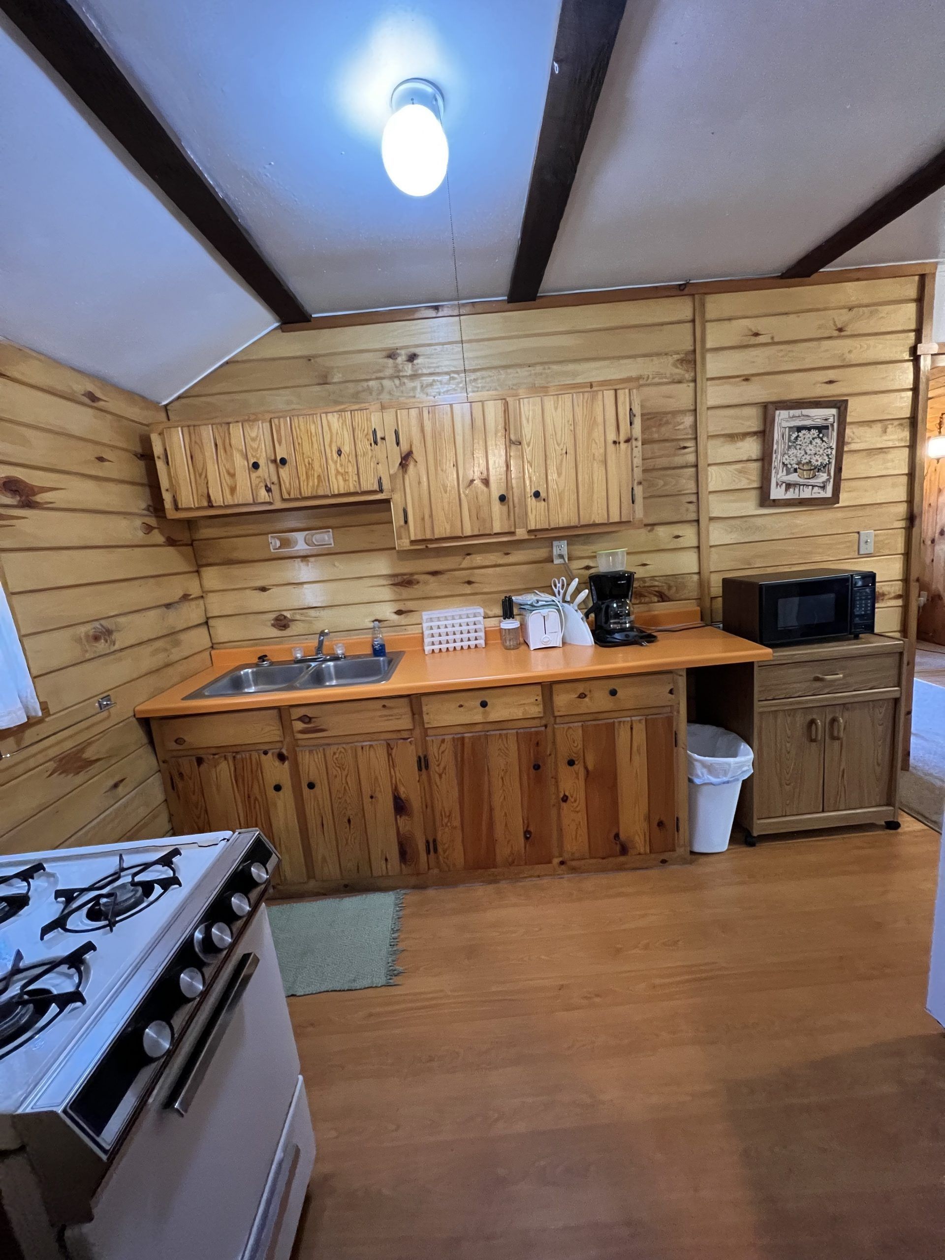 a kitchen with wooden cabinets, a stove, a sink, and a microwave