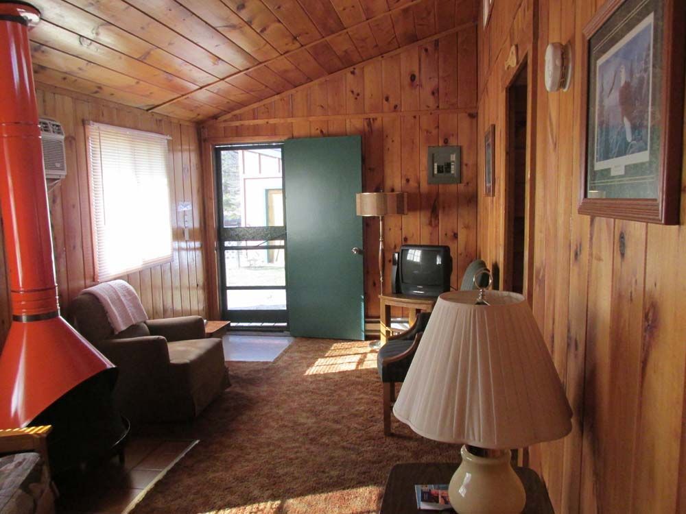 a living room with a fireplace and a lamp
