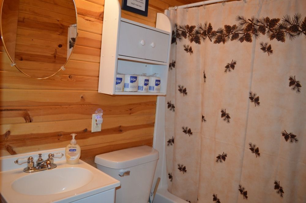 a bathroom with a sink a toilet and a shower curtain