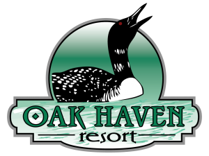 a logo for oak haven resort with a loon on it