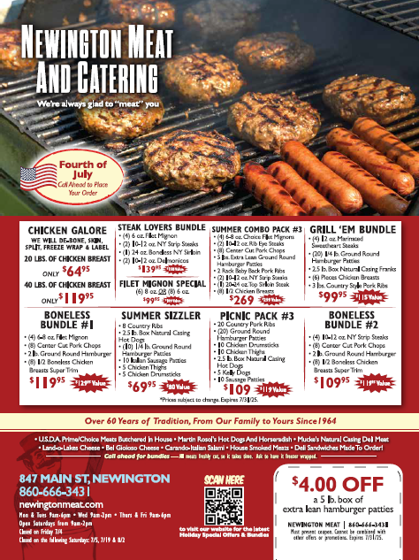 A menu for newington meat and catering shows hamburgers and hot dogs on a grill.