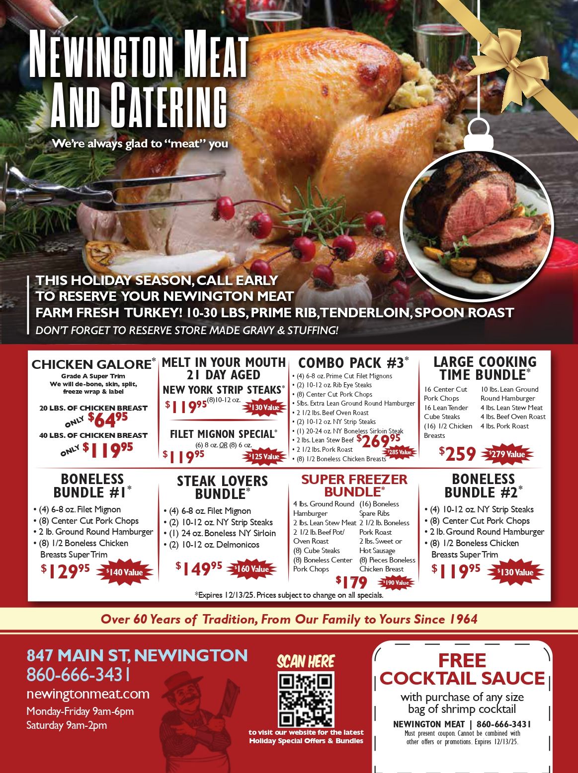 A menu for newington meat and catering shows hamburgers and hot dogs on a grill.