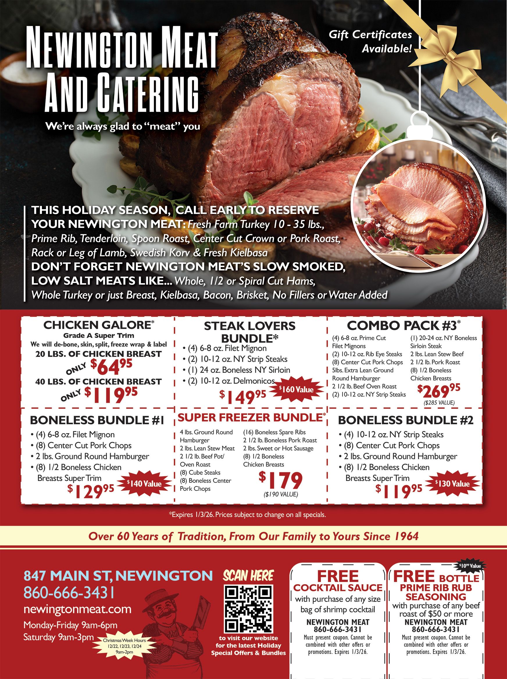 Newington Meat and Catering ad: roasted meats, holiday specials, takeout, and delivery.