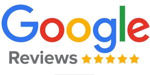 Google Reviews logo with blue, red, yellow, and green letters, and five gold stars.