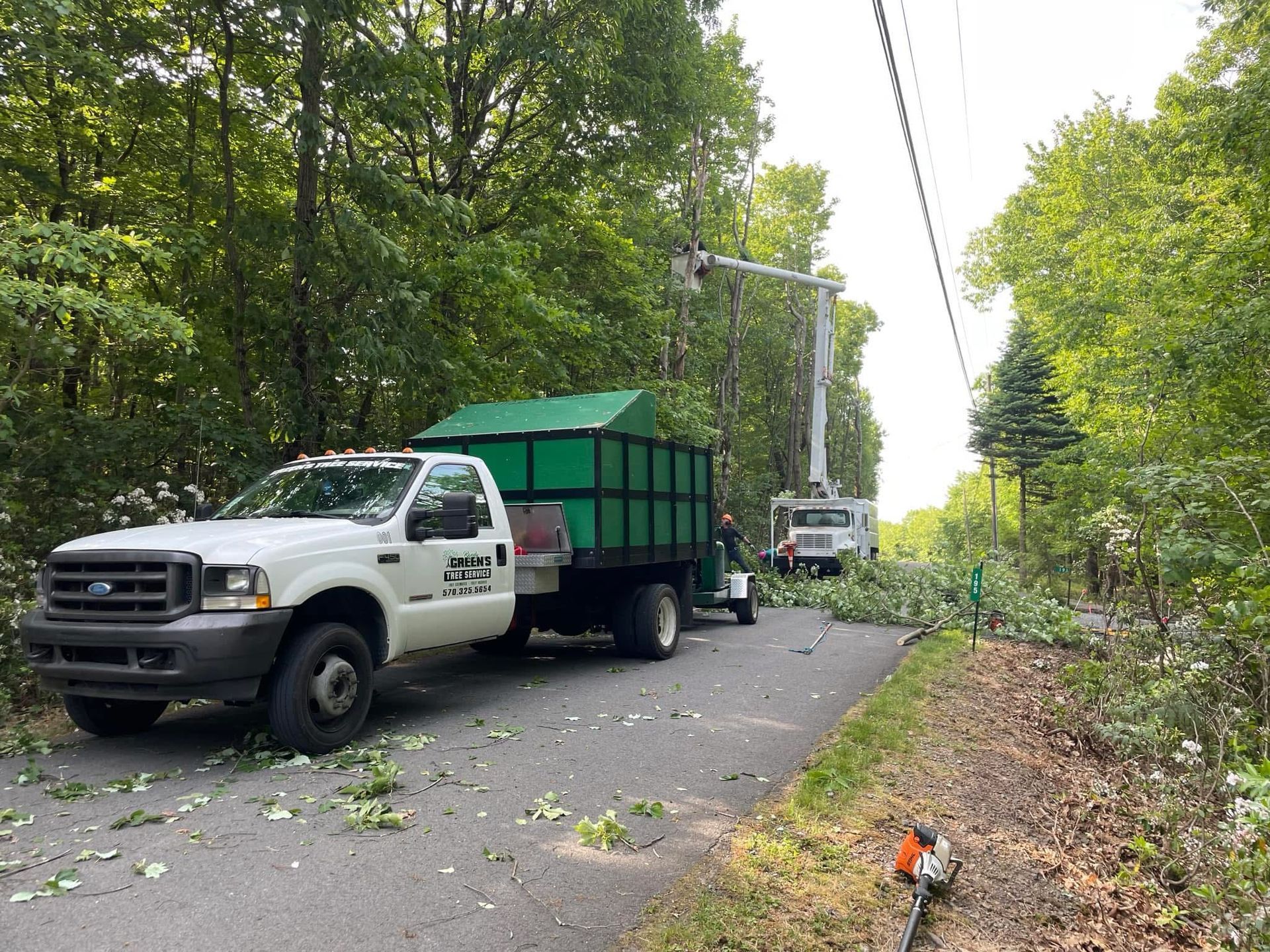 Two trucks and an aerial lift trimming trees near power lines on a road.