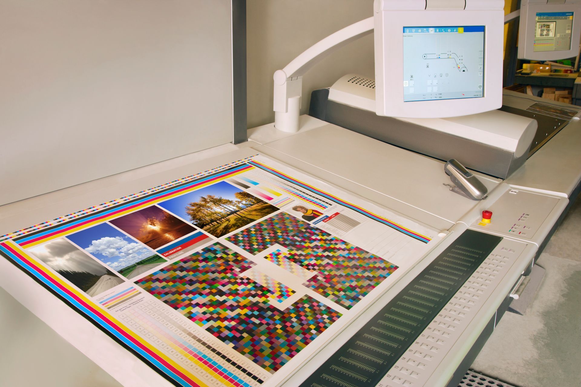 Printing press with a colorful printed sheet, control panel, and monitor.