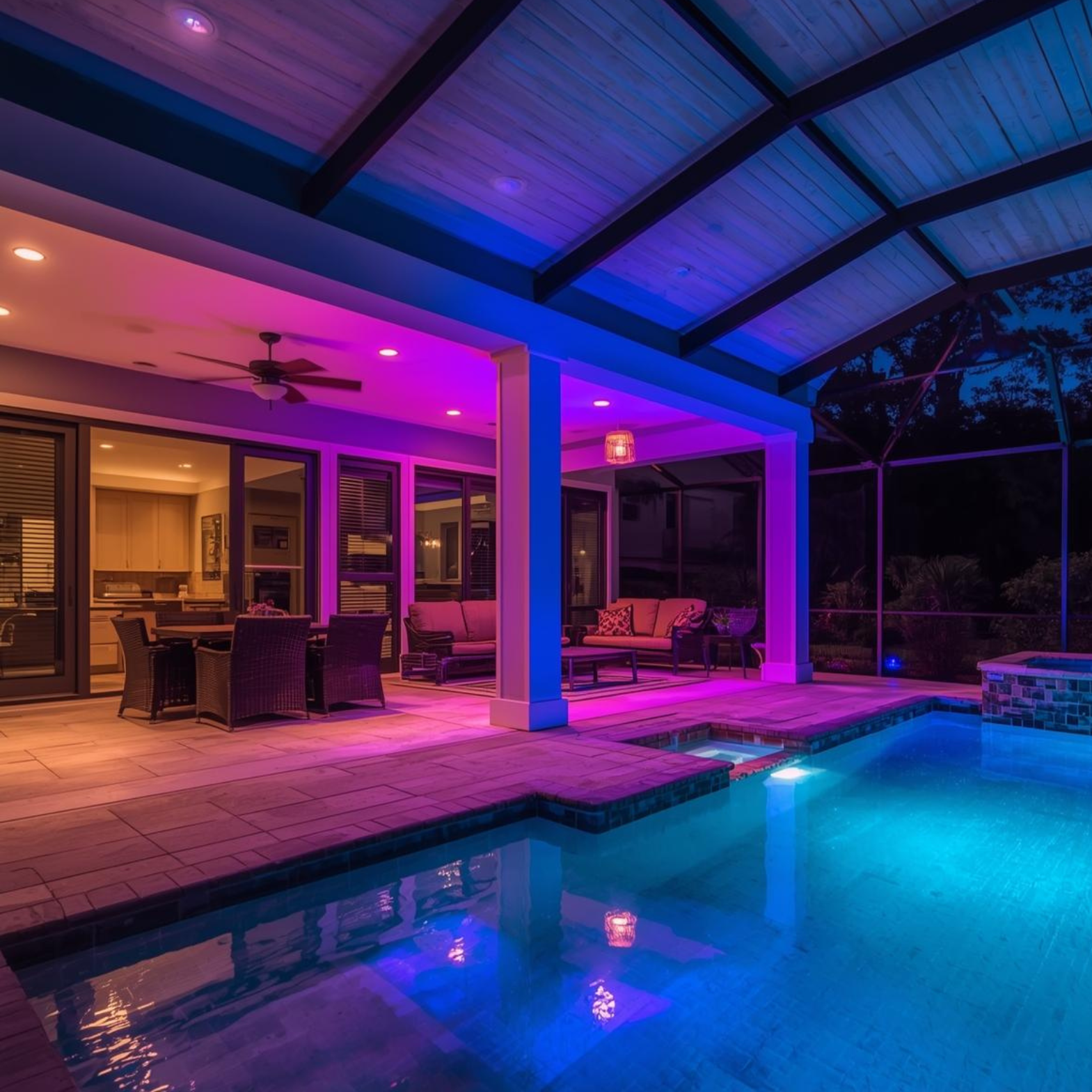 Modern patio with lit swimming pool, lounge seating, and purple-blue ambient lighting at dusk
