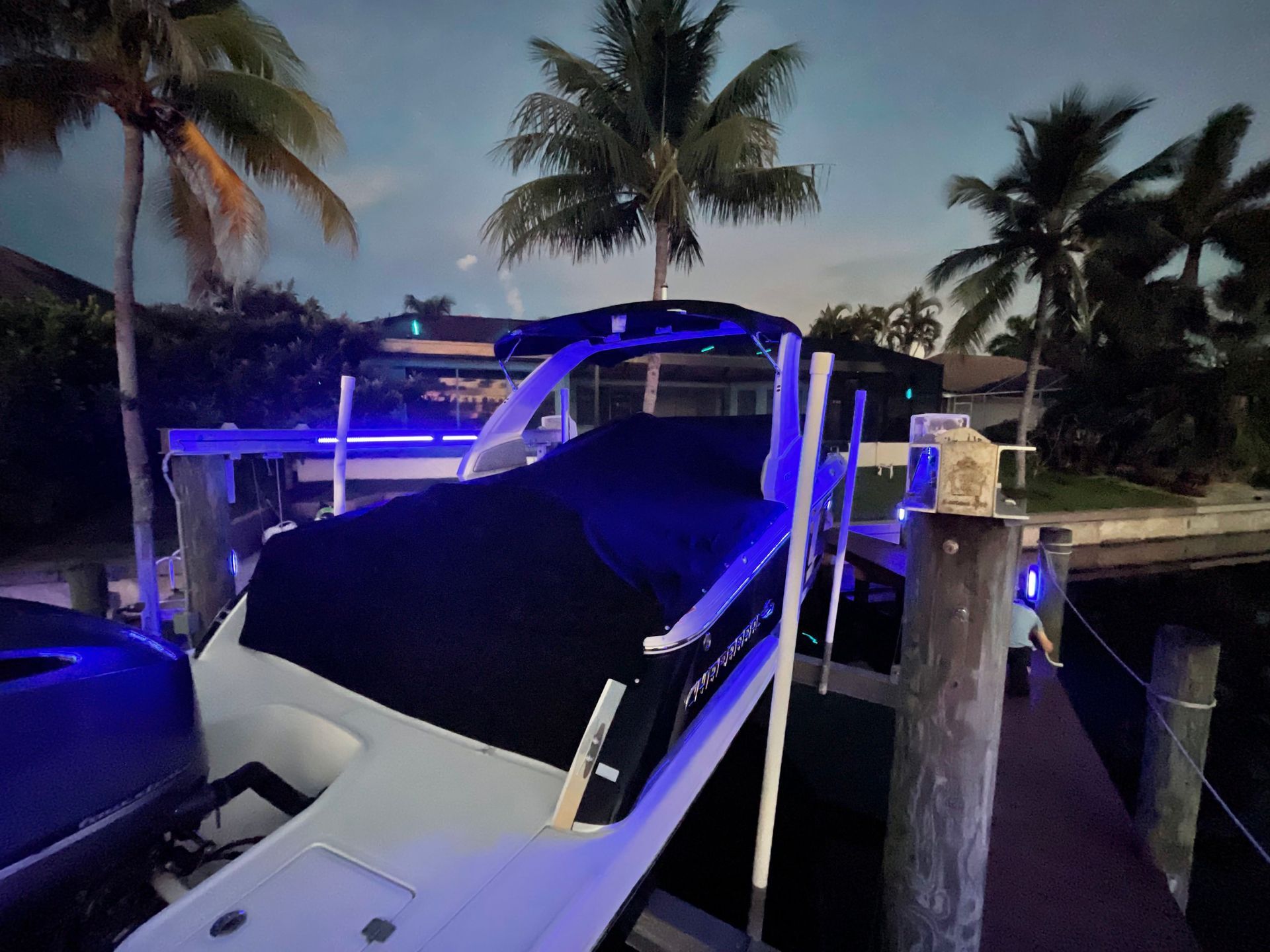 Boat docked at night with blue lights illuminating the boat and dock pilings; palm trees in the background.