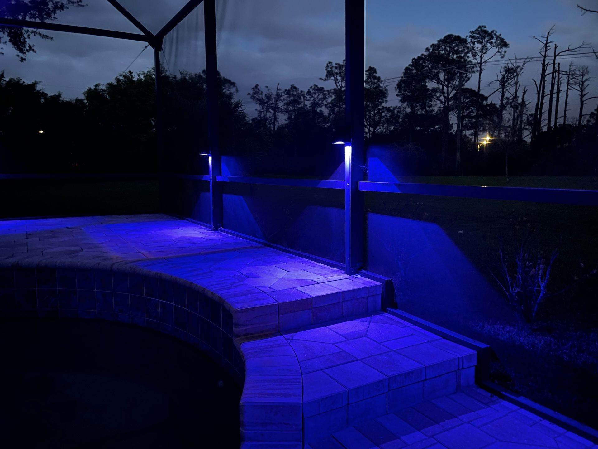 Blue-lit outdoor steps and walkway at night with railings and silhouetted trees nearby