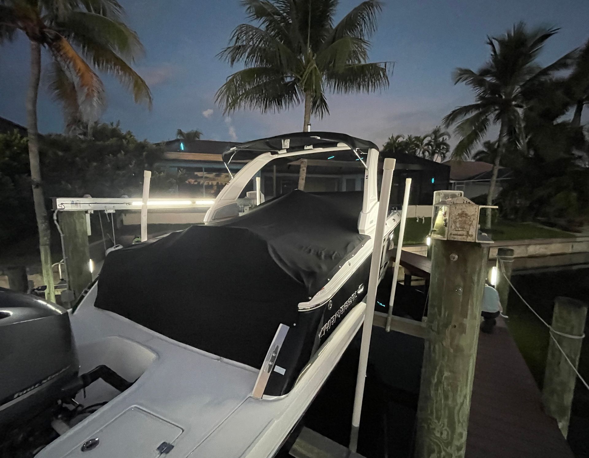 Boat covered with a black canopy docked beside wooden posts at dusk, with palm trees overhead.