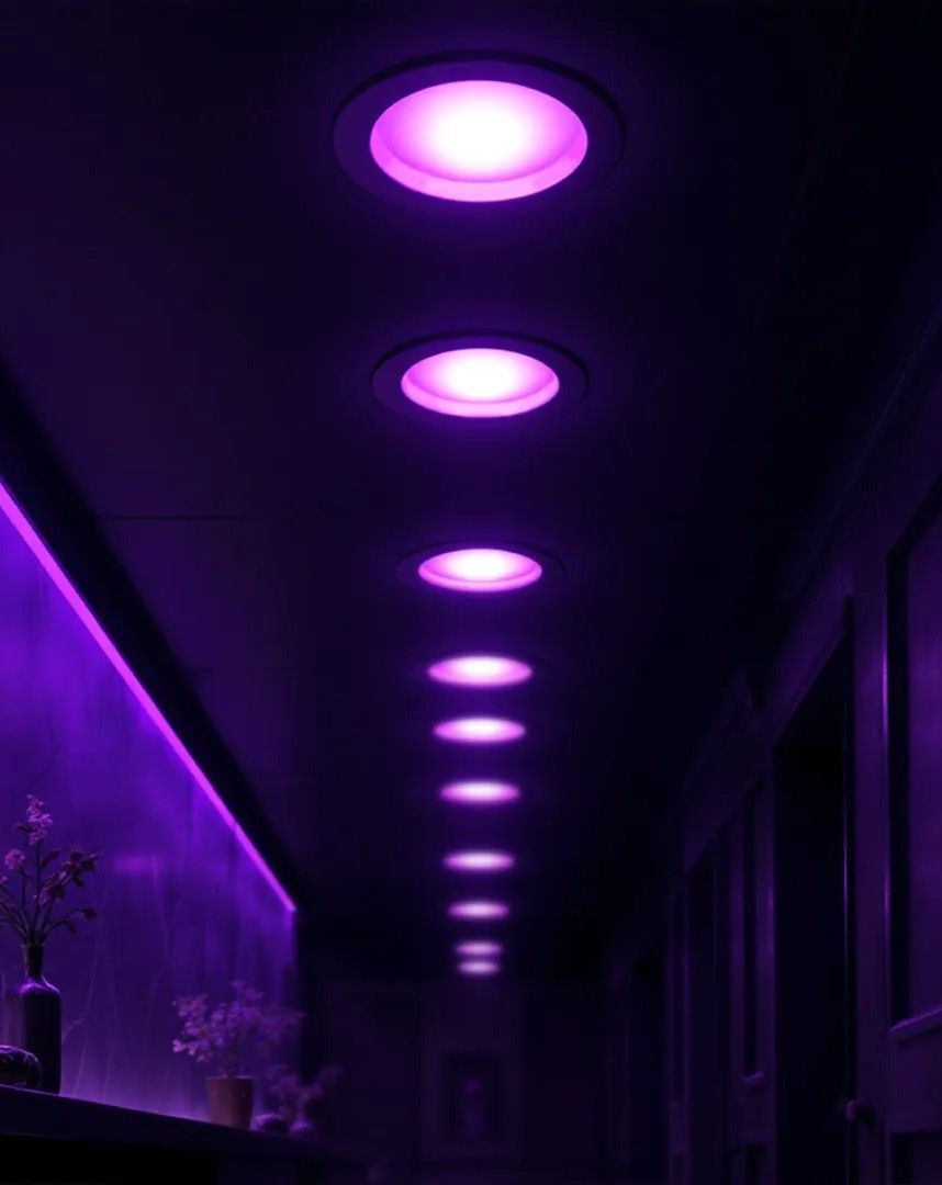 Purple-lit hallway with a row of glowing ceiling lights receding into the distance.