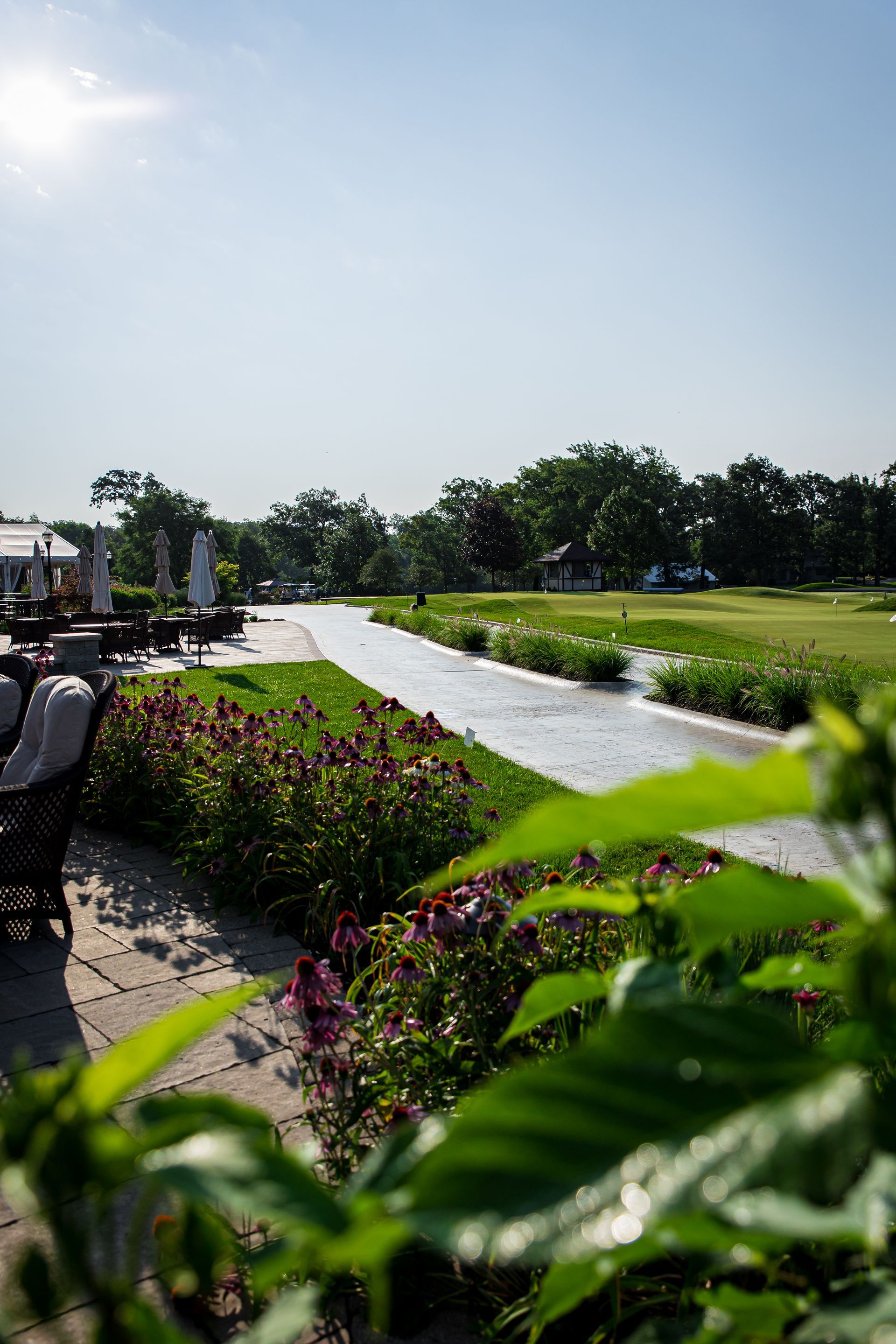 A path leading to a golf course surrounded by flowers and trees.