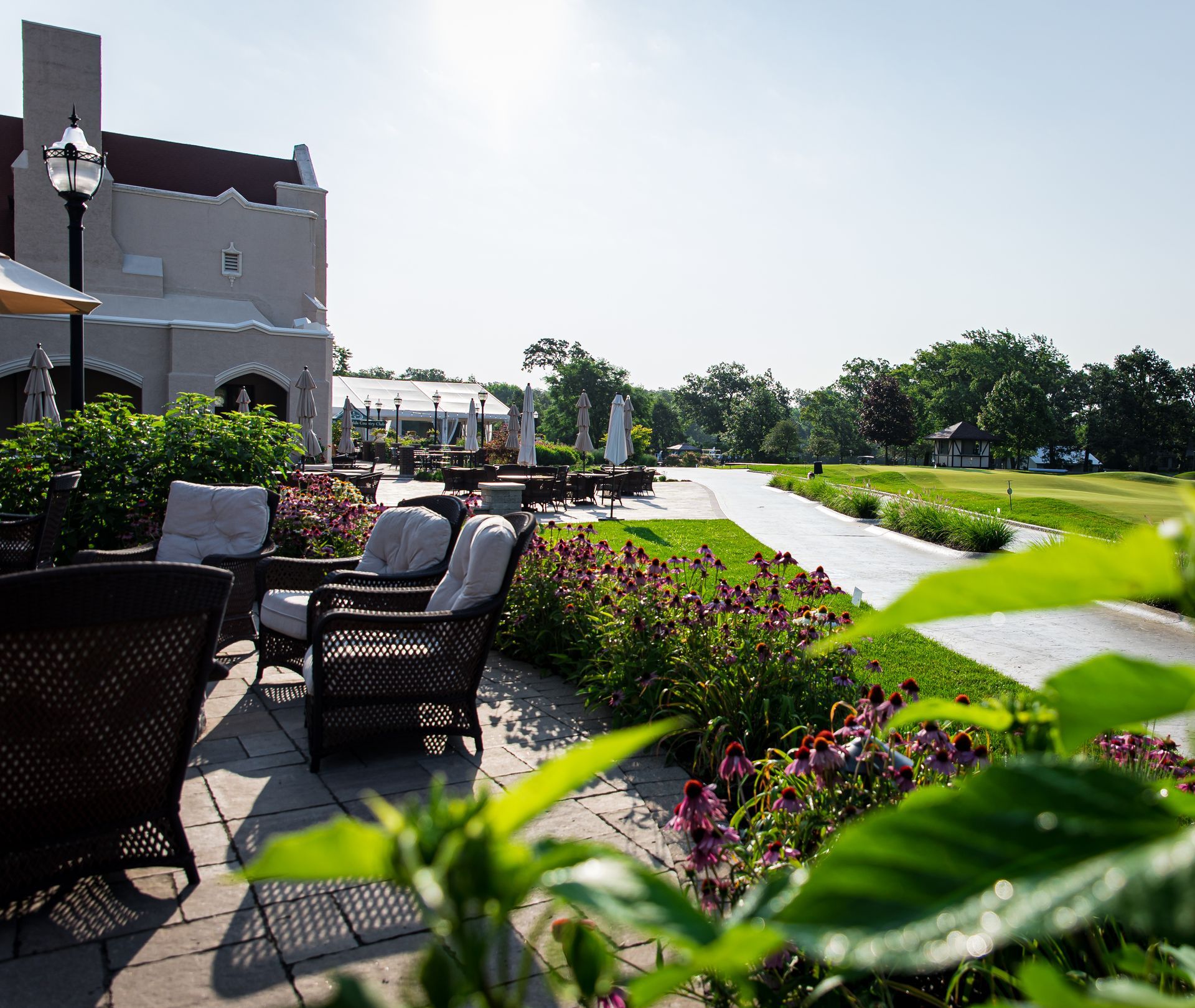 A patio with chairs and umbrellas in front of a building