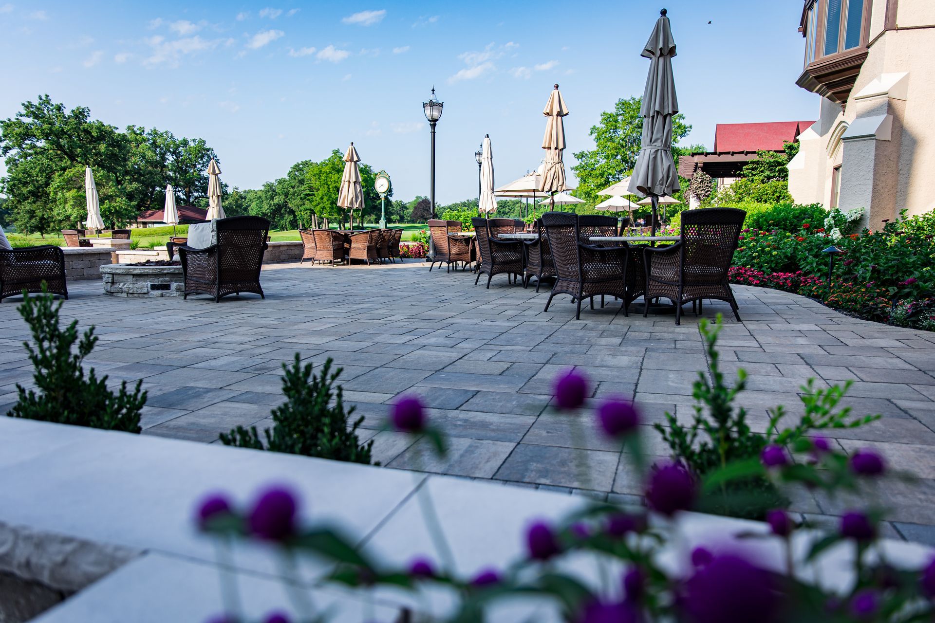 A patio with tables and chairs and purple flowers in the foreground.