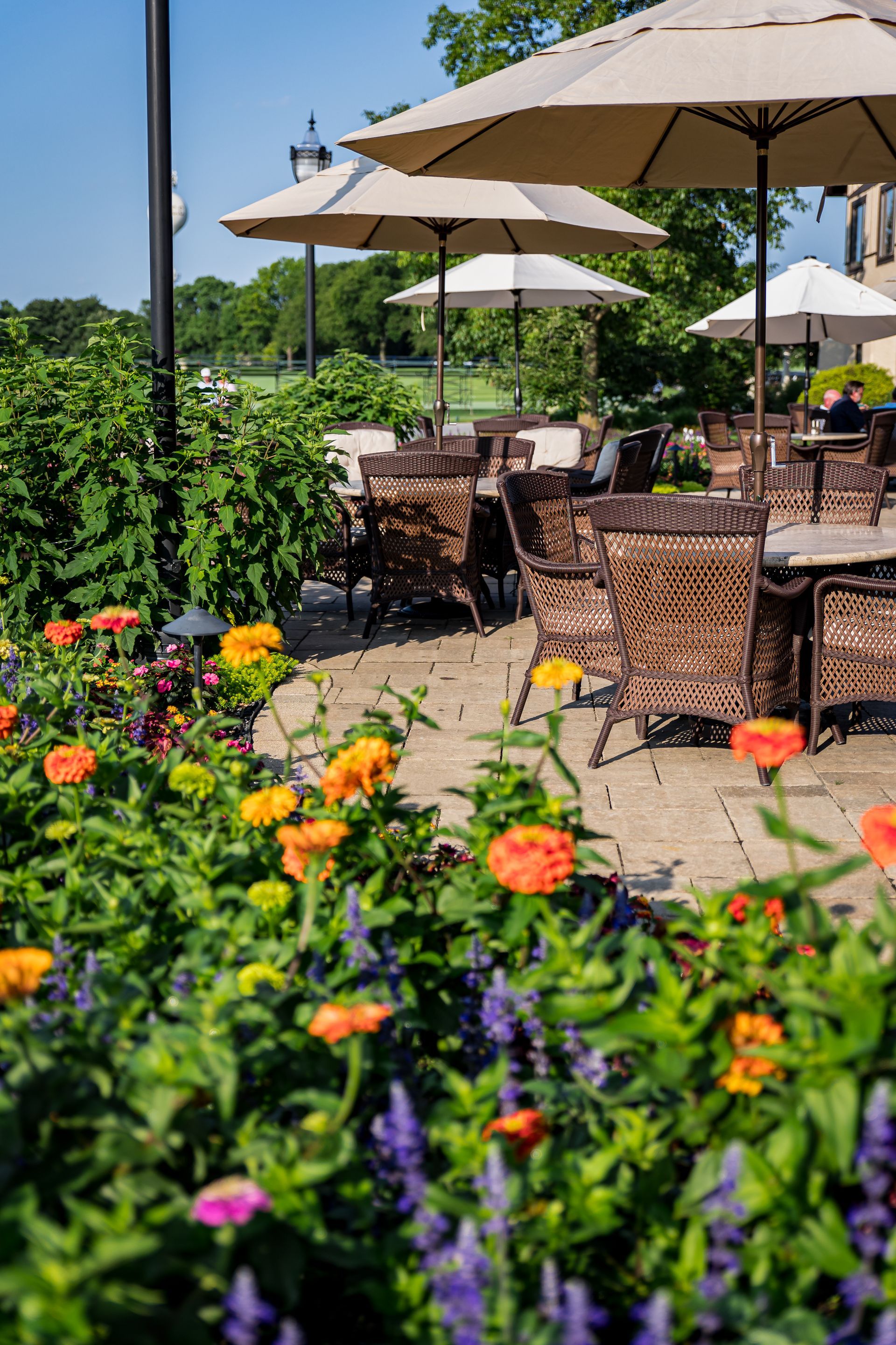 A patio with tables and chairs and umbrellas surrounded by flowers.