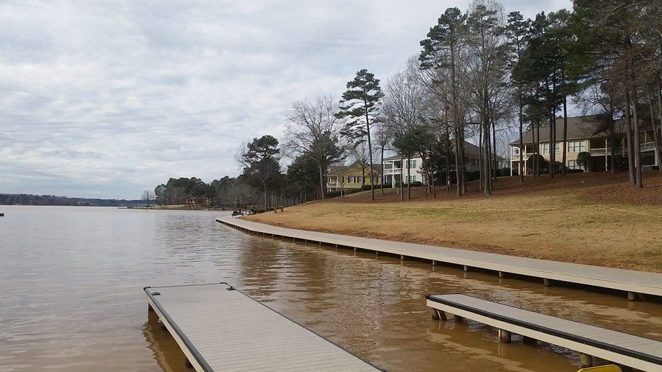Lake shoreline with docks, houses on a grassy hill, and trees under a cloudy sky.
