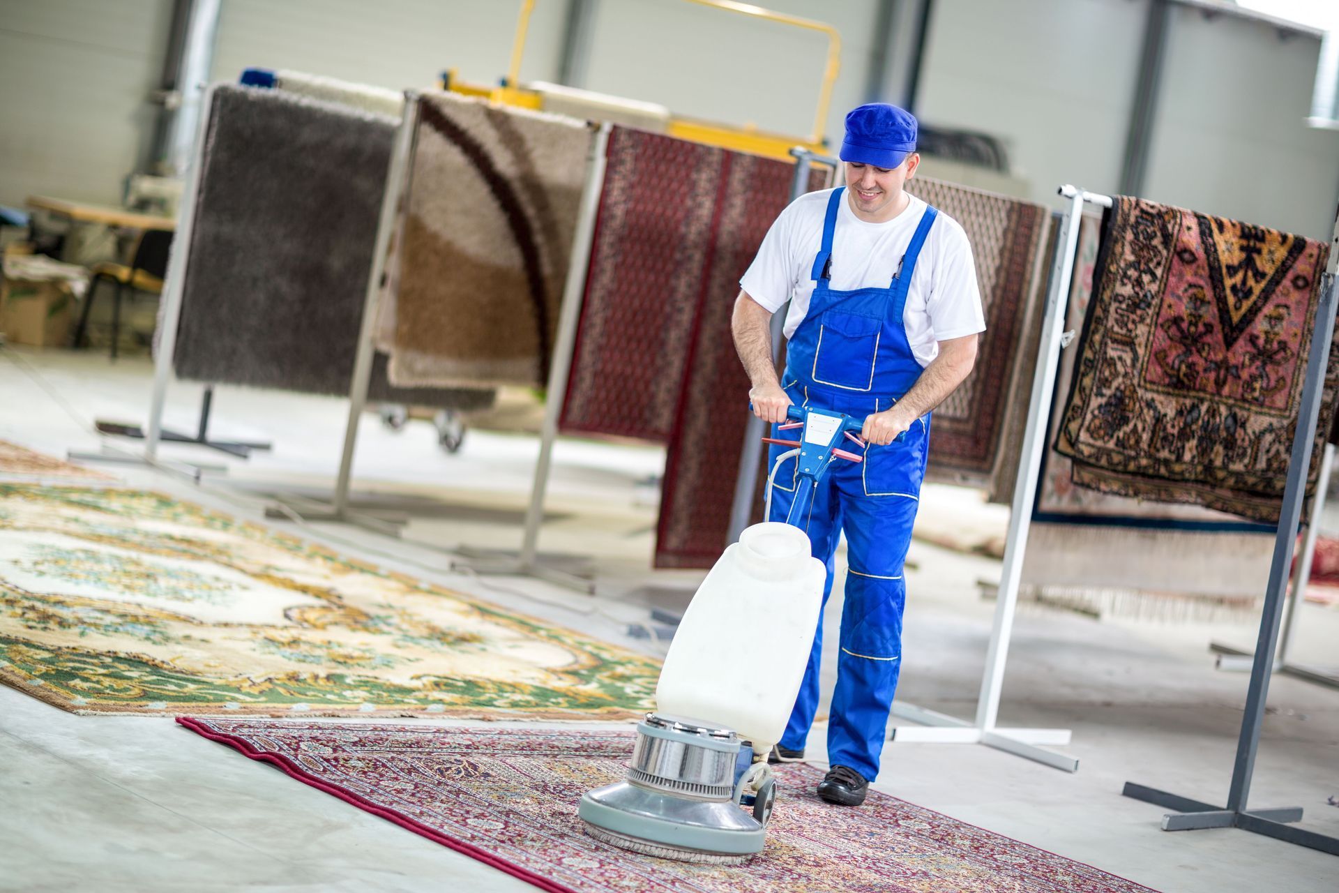 Worker cleaning a patterned rug with a floor buffer in a carpet showroom