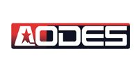 AODES logo in red, white, and black on a white background