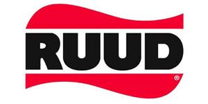 RUUD logo in bold black letters with red swooshes above and below